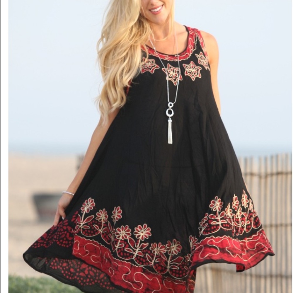 BLACK RED FLORAL EMBROIDERED BATIK SLEEVELESS